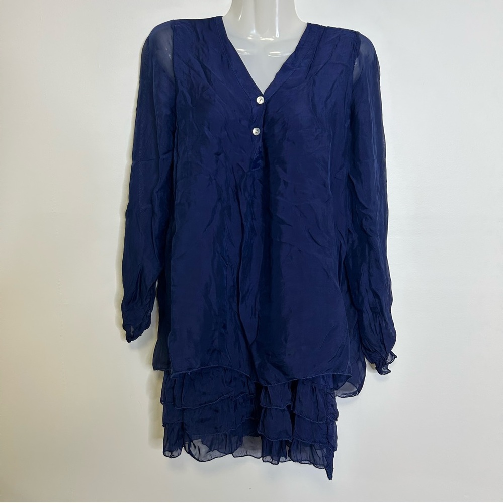 ◾️Amo Silk Blend Italian Long Sleeve Tunic Ruffle Underlay Blouse